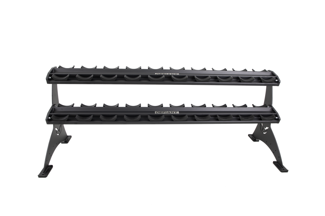 Defiant Strength 2 tier adjustable saddle dumbbell rack loaded with ten-sided dumbbells.