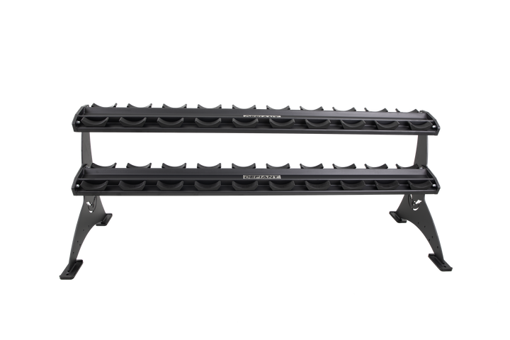 Defiant Strength 2 tier adjustable saddle dumbbell rack loaded with ten-sided dumbbells.
