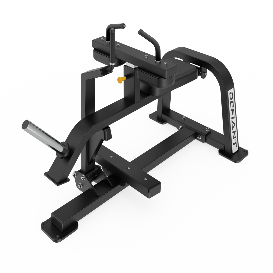 Defiant Strength plate loaded seated calf machine for lower leg strength training.