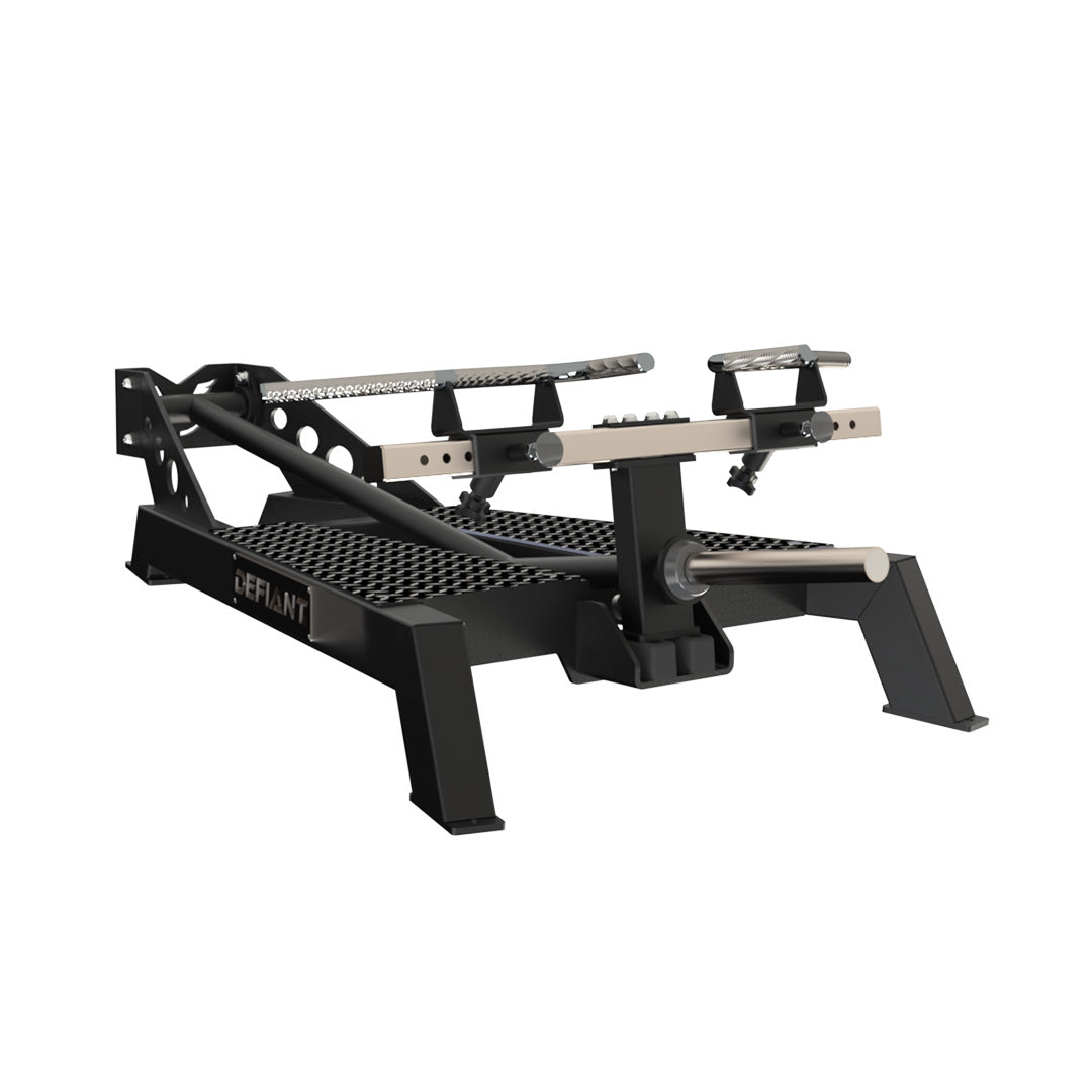 Defiant Strength T-bar platform row machine with adjustable multi-grip handles and oversized foot platform.