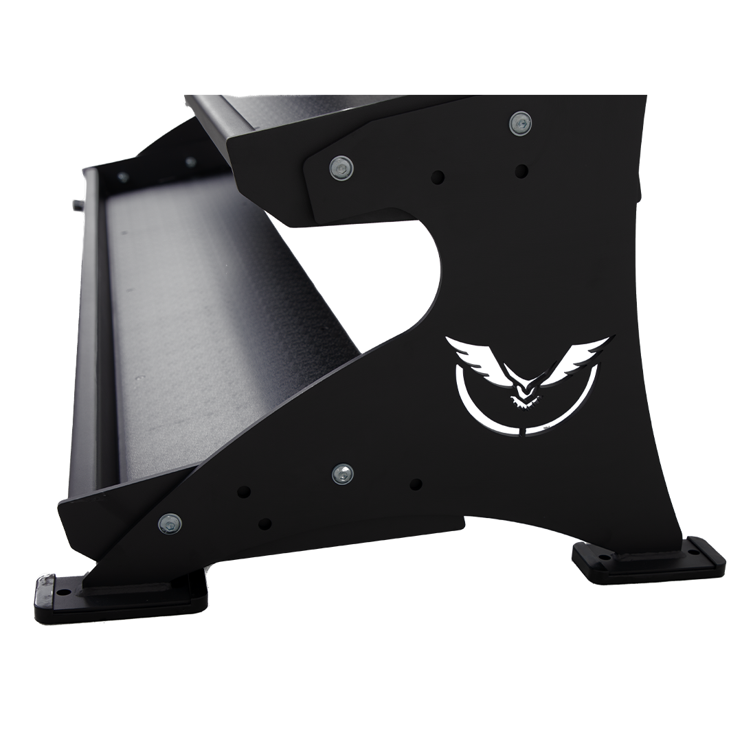 Close-up of the steel side frame on the Defiant Strength adjustable tray rack.