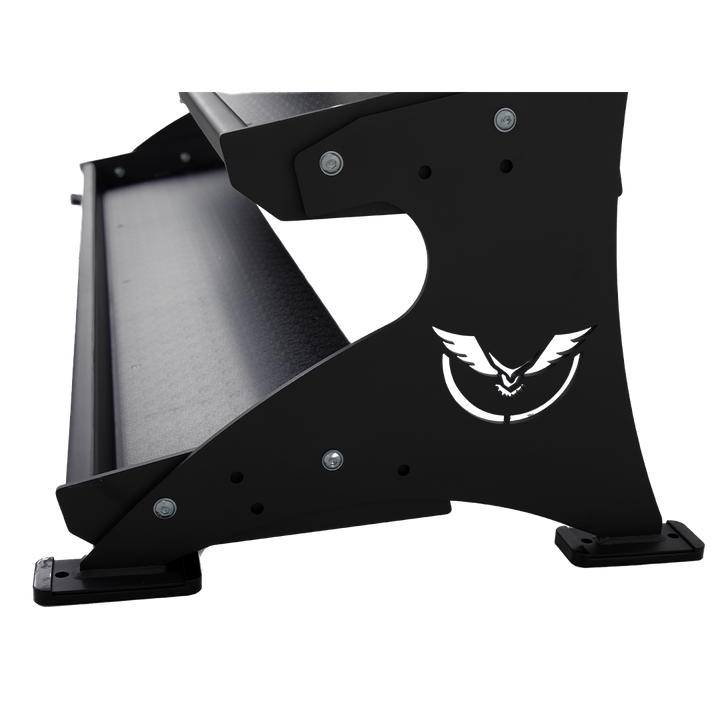 Close-up of the steel side frame on the Defiant Strength adjustable tray rack.
