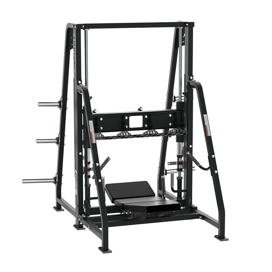 Defiant Strength vertical leg press with angled footplate and integrated plate storage.