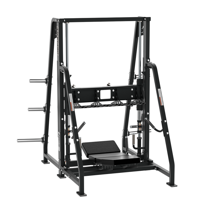 Defiant Strength vertical leg press with angled footplate and integrated plate storage.
