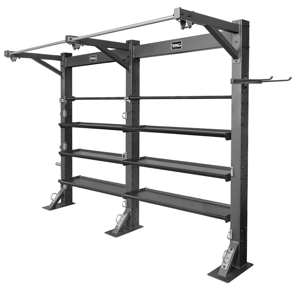 Double bay fitness frame with multiple equipment storage trays and overhead training bars