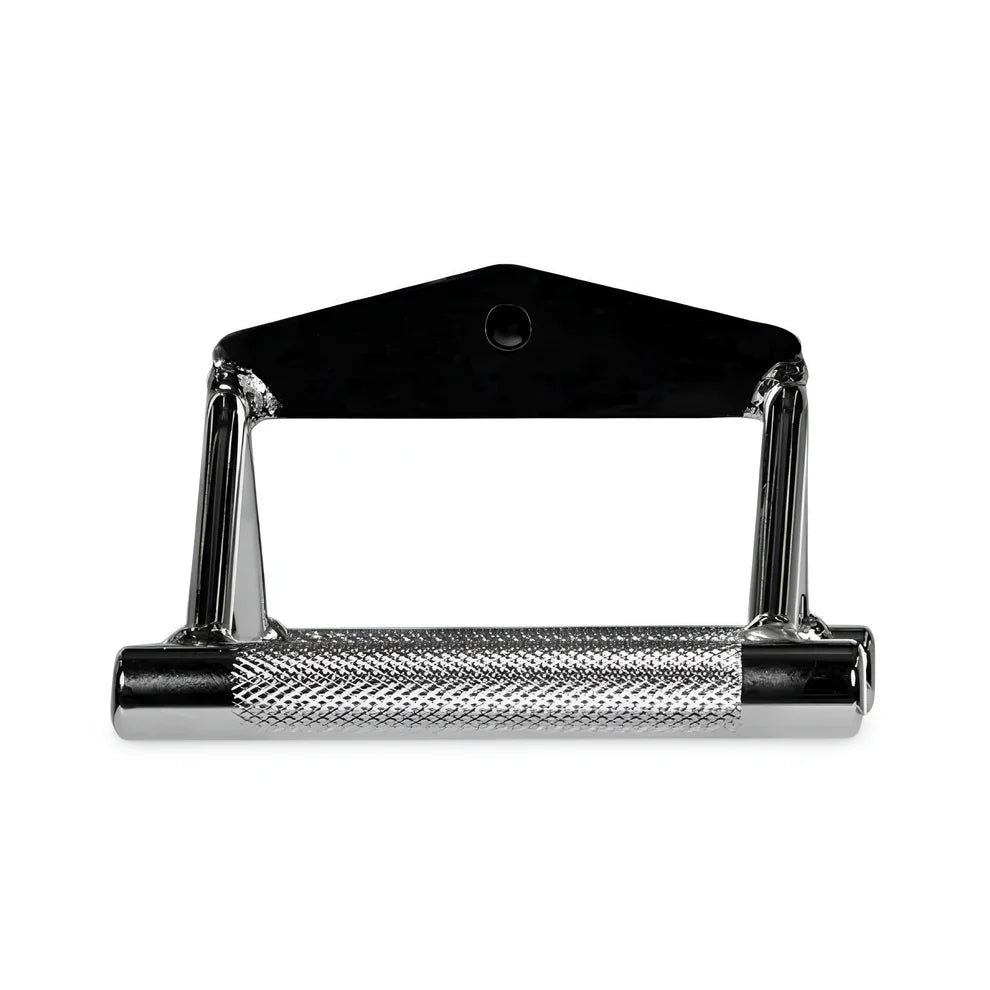 front view of double D handle cable attachment with textured grips and center mount for rowing exercises