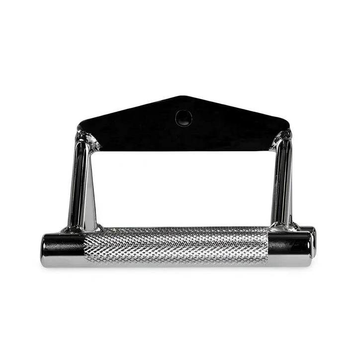 front view of double D handle cable attachment with textured grips and center mount for rowing exercises