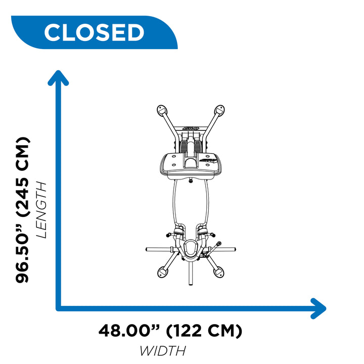 overhead diagram showing closed footprint of leg press machine at 96.50 inch length and 48.00 inch width