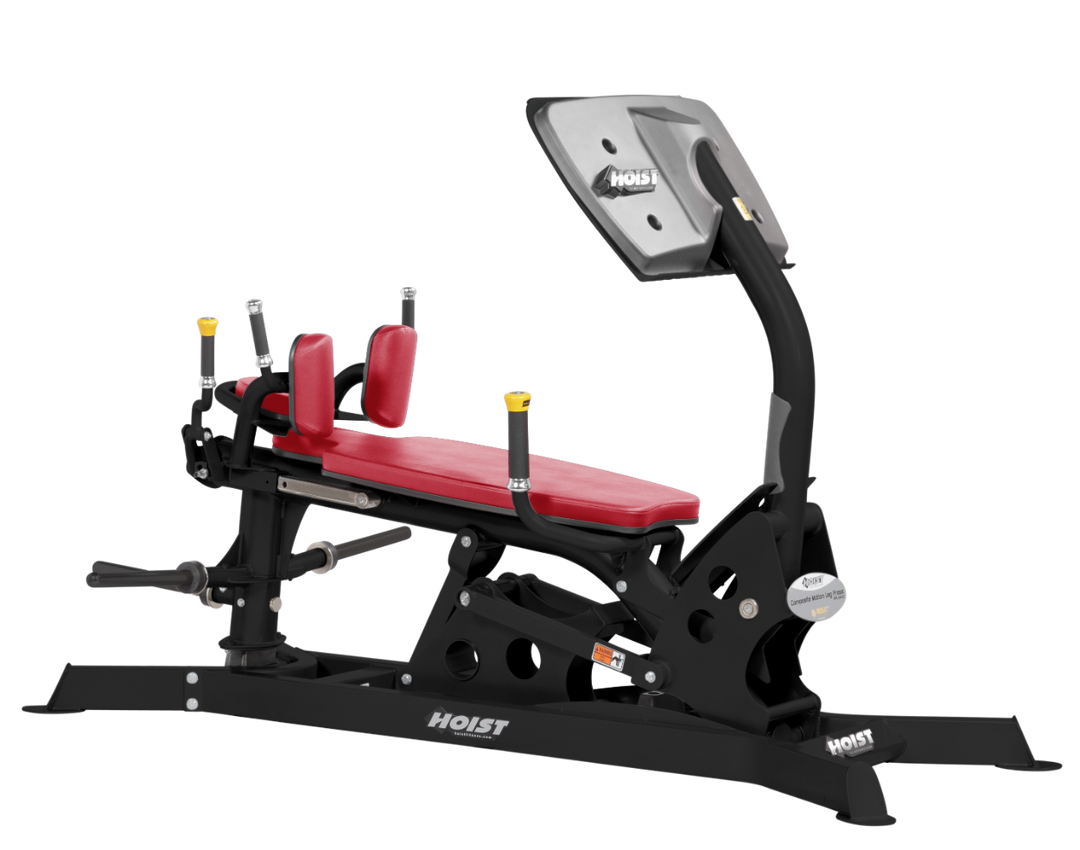 full length profile of Hoist leg press machine showing extended rail system and ergonomic layout