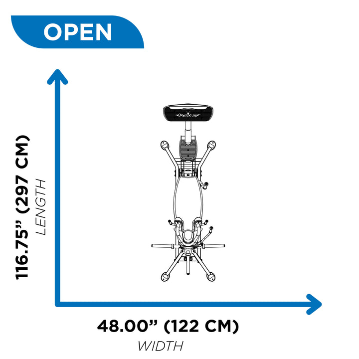 overhead diagram showing open footprint of dual action leg press machine at 107.50 inch length and 48.00 inch width