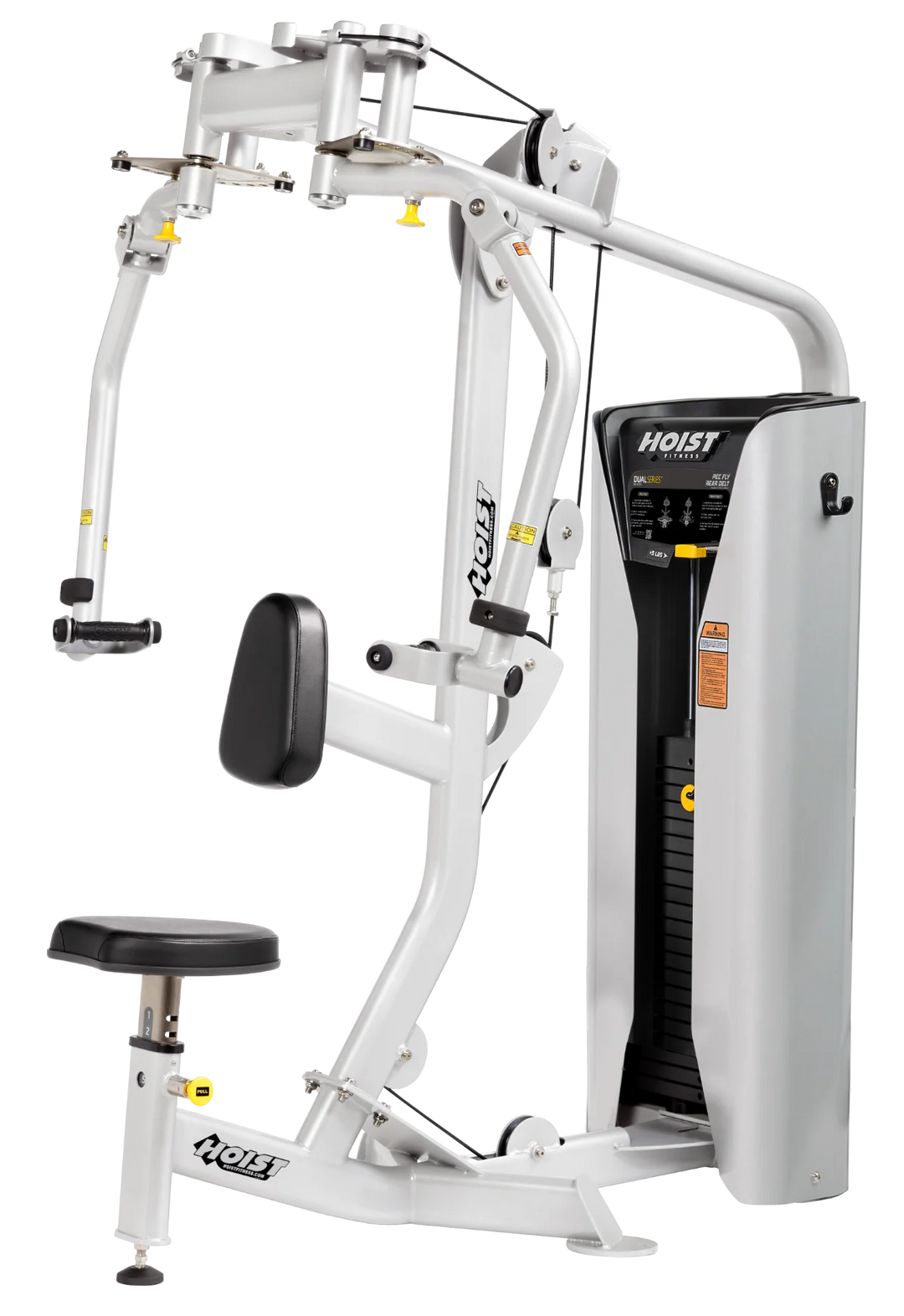 angled view of pec fly rear delt machine showing adjustable arms and seat
