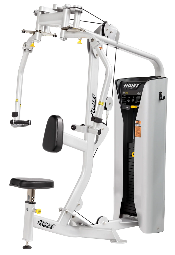 angled view of pec fly rear delt machine showing adjustable arms and seat