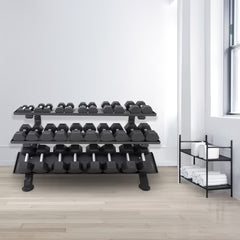 Commercial dumbbell rack positioned in a gym environment