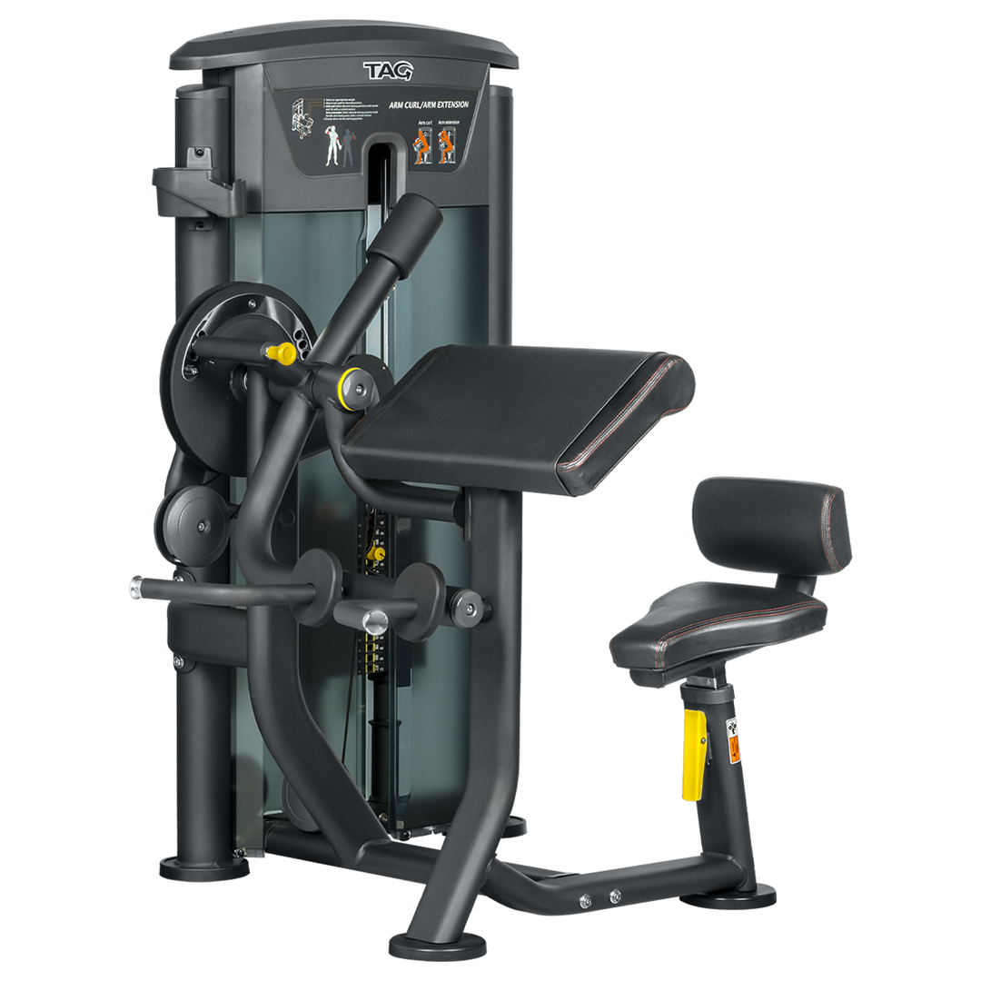 ELITE Bicep Tricep Extension strength machine with padded arm support, seat, handles, and enclosed weight stack