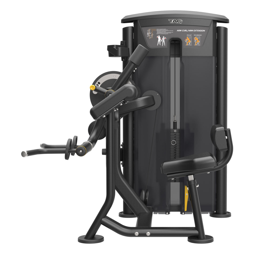 Rear angled view of ELITE Bicep Tricep Extension strength machine showing frame, weight stack, seat, and handles