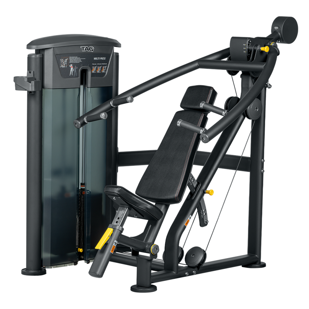 ELITE Multipress Dual Select strength machine with dual weight stacks, padded seat, backrest, and press arms