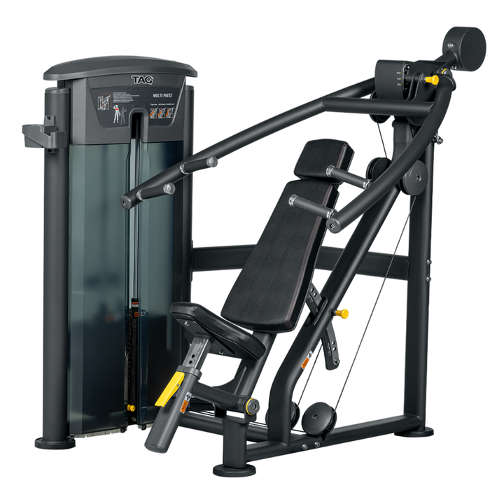ELITE Multipress Dual Select strength machine with dual weight stacks, padded seat, backrest, and press arms