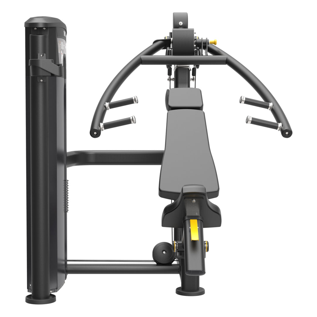 Front view of ELITE Multipress Dual Select strength machine with dual towers, press handles, seat, and backrest