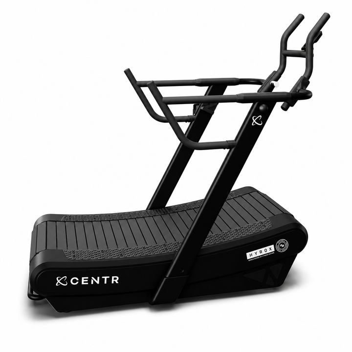 ENTR x HYROX non-motorized curved treadmill with multi-grip handlebars for home and commercial gym training.