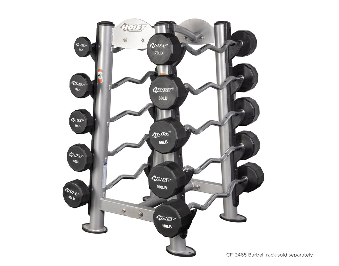HOIST EZ curl barbell rack designed for organized storage of fixed curl barbells in commercial fitness facilities