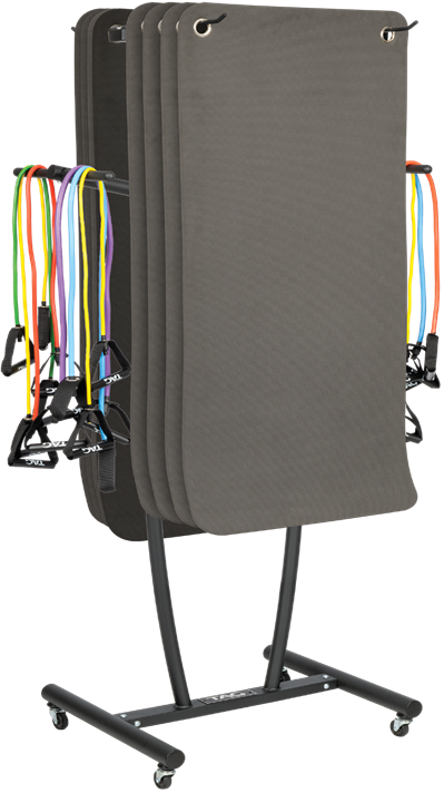Black mobile exercise mat storage rack shown holding a hanging exercise mat and fitness accessories