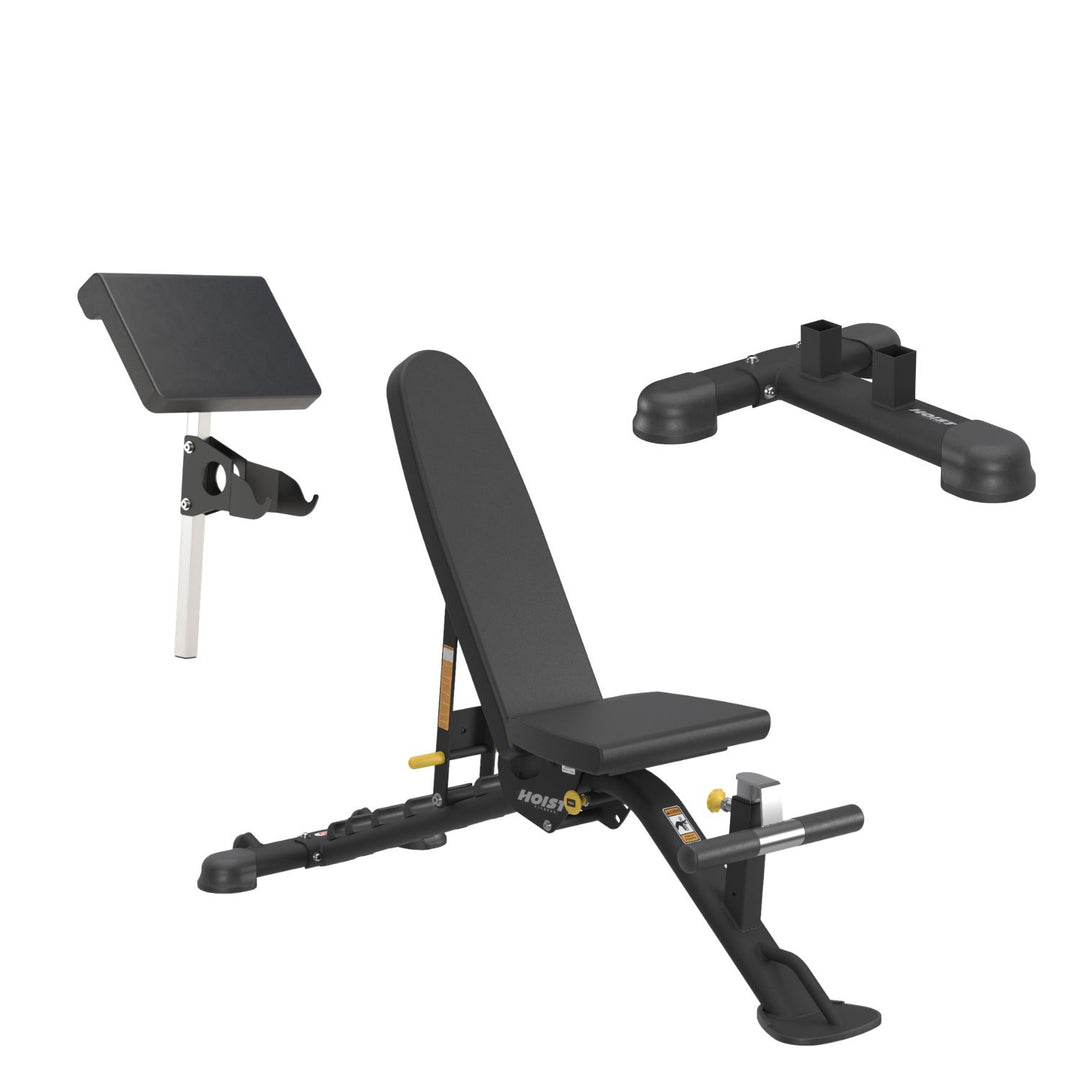 7 position FID bench with multiple attachments for complete full body strength training in home gym