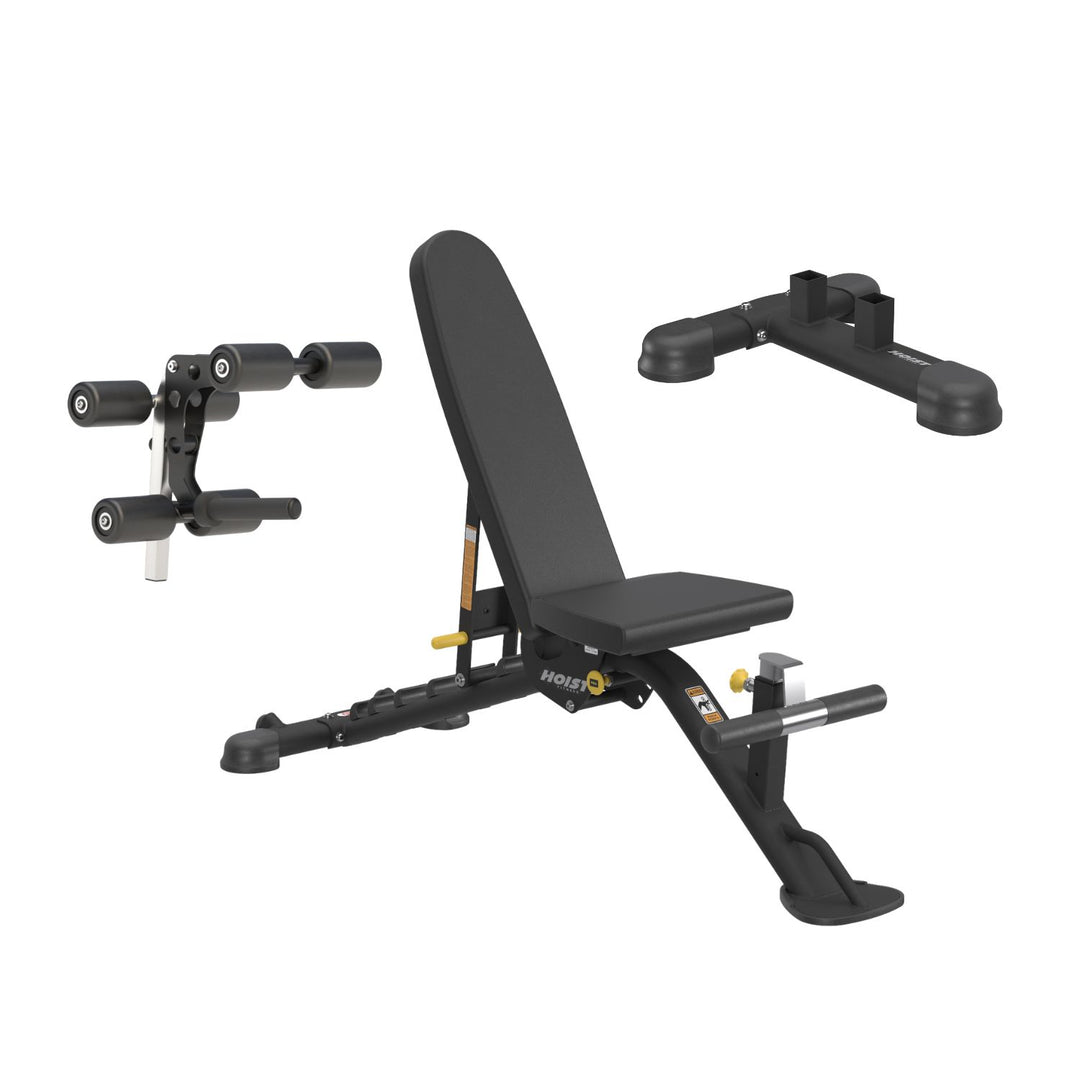 7 position FID bench with leg extension attachment for lower body strength and resistance training exercises