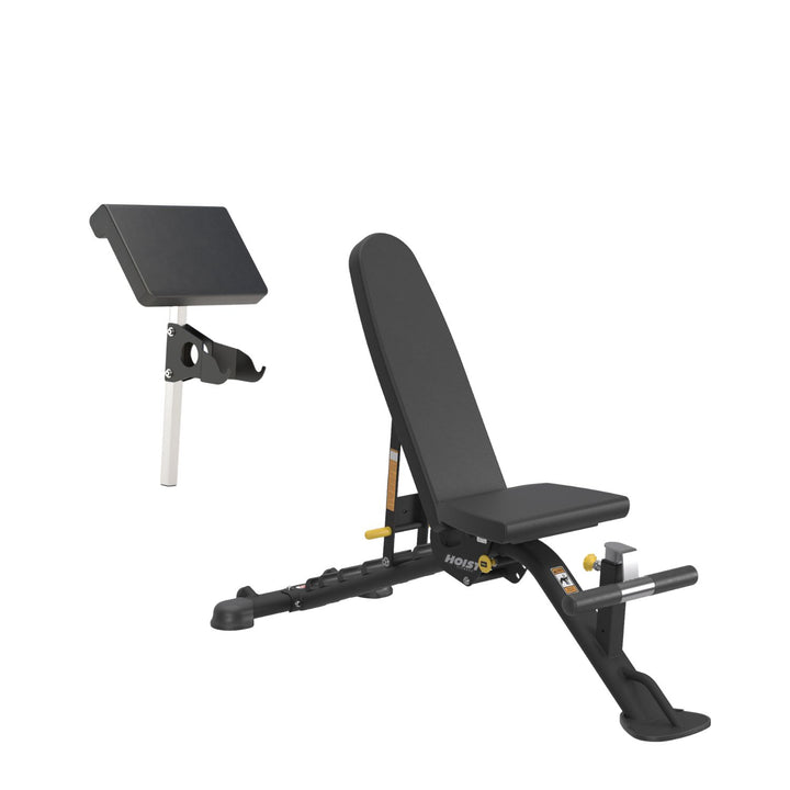7 position FID bench with preacher curl pad for arm training and adjustable strength workout routines
