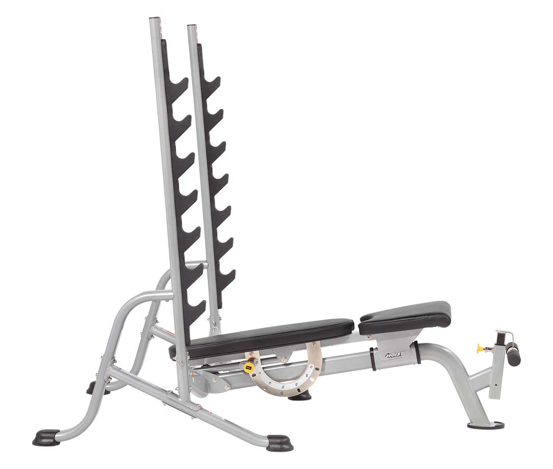 7 position FID Olympic bench flat position with rack for stable barbell and dumbbell strength training exercises