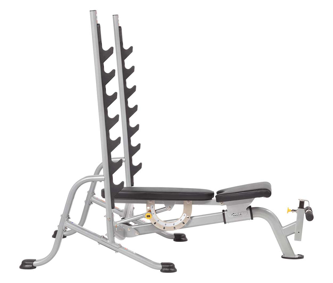 7 position FID Olympic bench mid incline setup with rack for chest and shoulder strength training workouts
