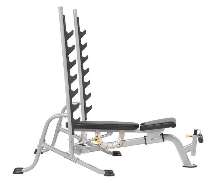 7 position FID Olympic bench mid incline setup with rack for chest and shoulder strength training workouts
