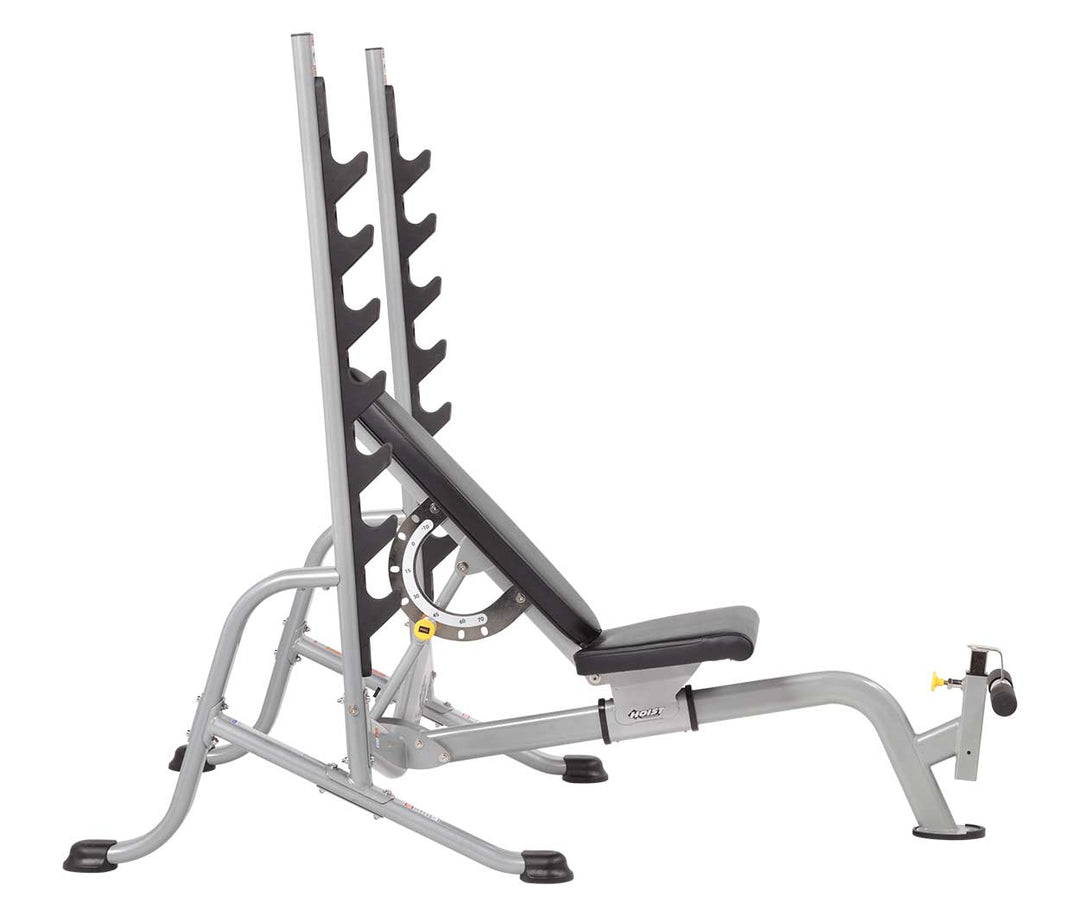 7 position FID Olympic bench upright incline with barbell rack for upper body strength training and press exercises