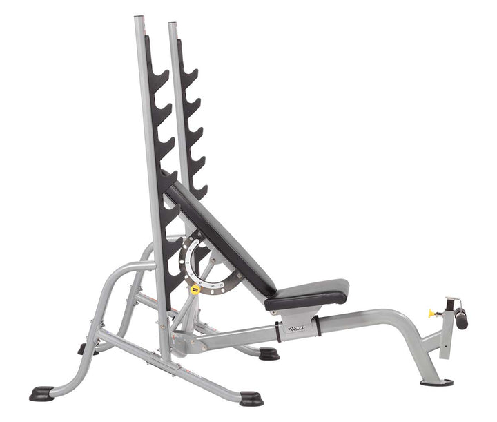 7 position FID Olympic bench upright incline with barbell rack for upper body strength training and press exercises