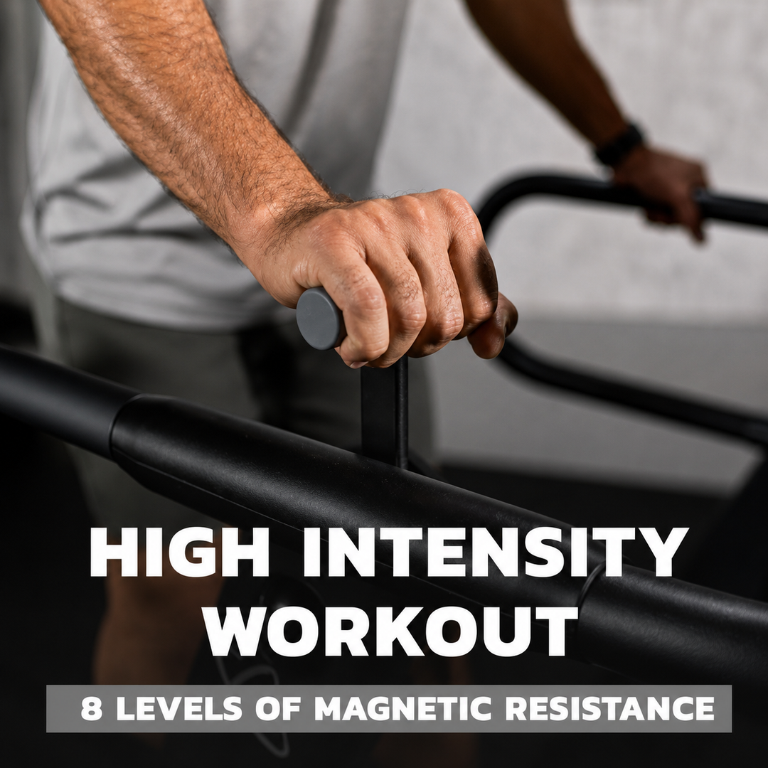 User gripping the multi-position handlebars during a high-intensity workout on the CENTR manual curved treadmill.