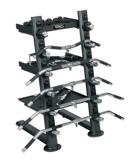 Black fitness accessory storage rack shown loaded with multiple gym accessories and equipment attachments