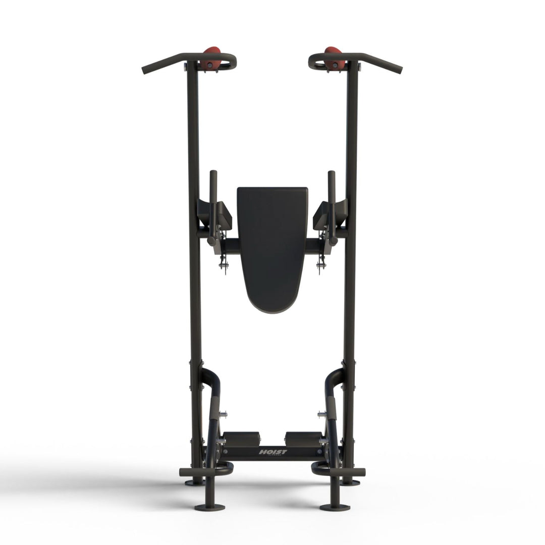 fitness tree front view showing pull up, dip, and core training station in compact vertical layout