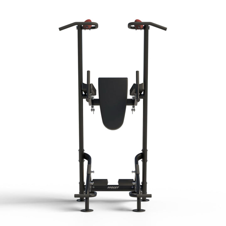 fitness tree front view showing pull up, dip, and core training station in compact vertical layout