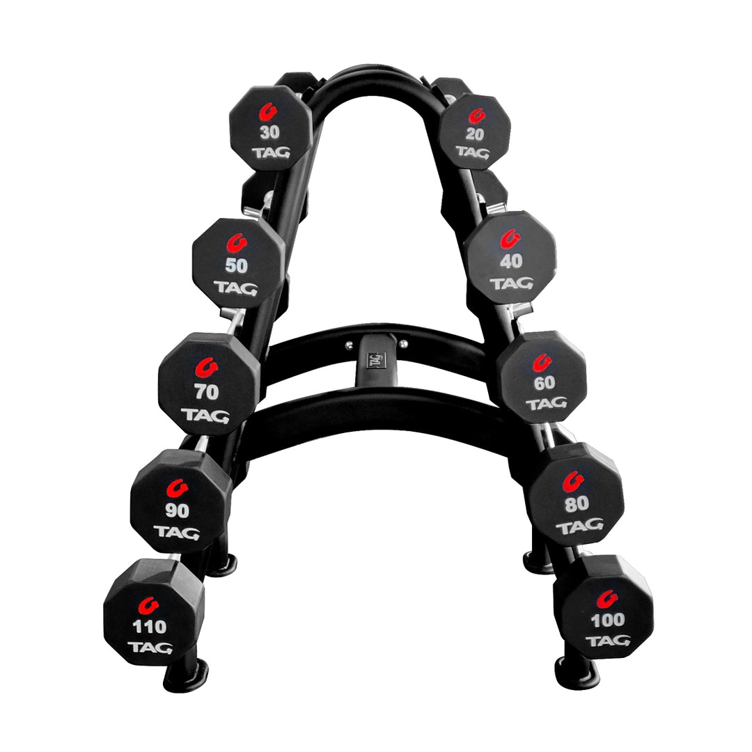Black fixed barbell storage rack shown loaded with multiple fixed barbells arranged on both sides