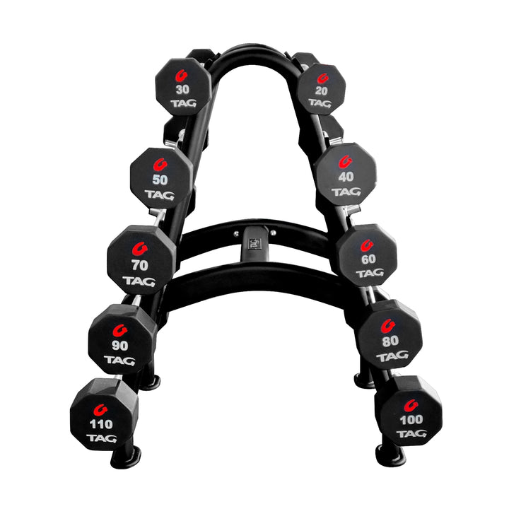 Black fixed barbell storage rack shown loaded with multiple fixed barbells arranged on both sides