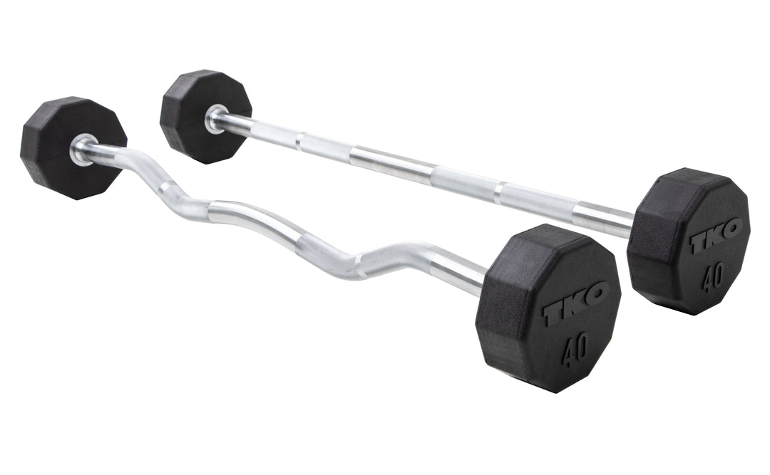 Angled view of TKO fixed straight rubber barbell with 10-sided heads