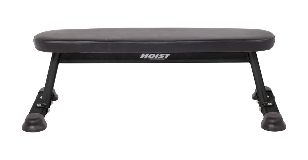 Flat utility bench front profile showing sturdy frame and padded surface for stable strength training exercises
