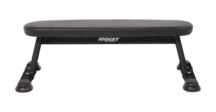 Flat utility bench front profile showing sturdy frame and padded surface for stable strength training exercises