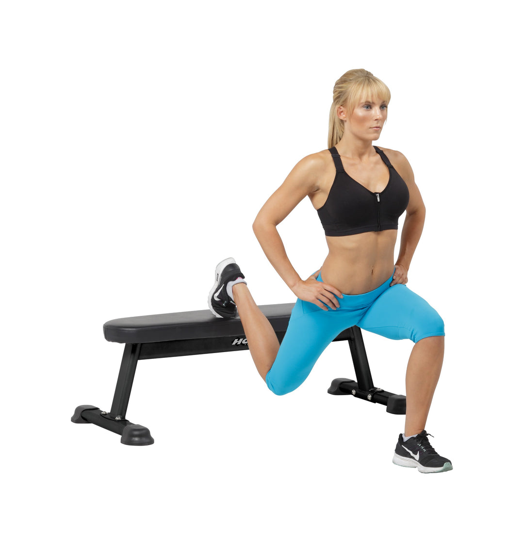 Flat utility bench step up exercise for lower body strength and functional fitness training workouts
