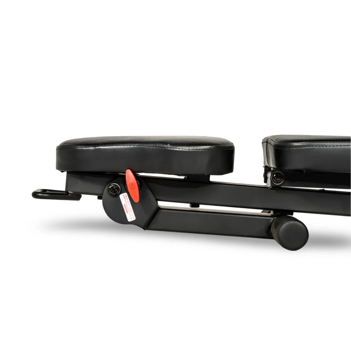 Folding adjustable bench compact folded design with transport wheels for easy storage in small workout spaces