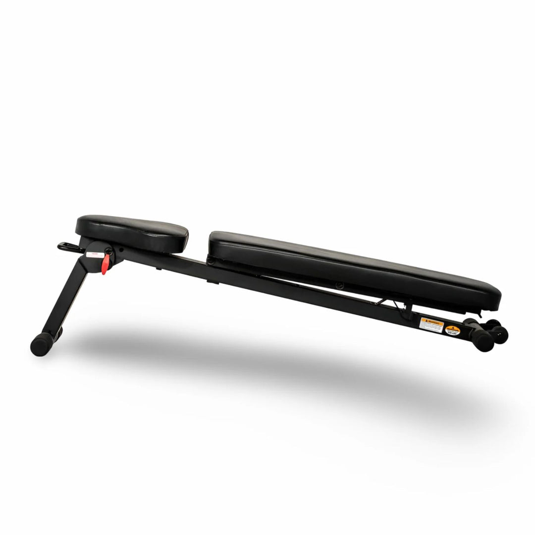 Folding adjustable bench decline setting for core and lower chest exercises in versatile home workouts