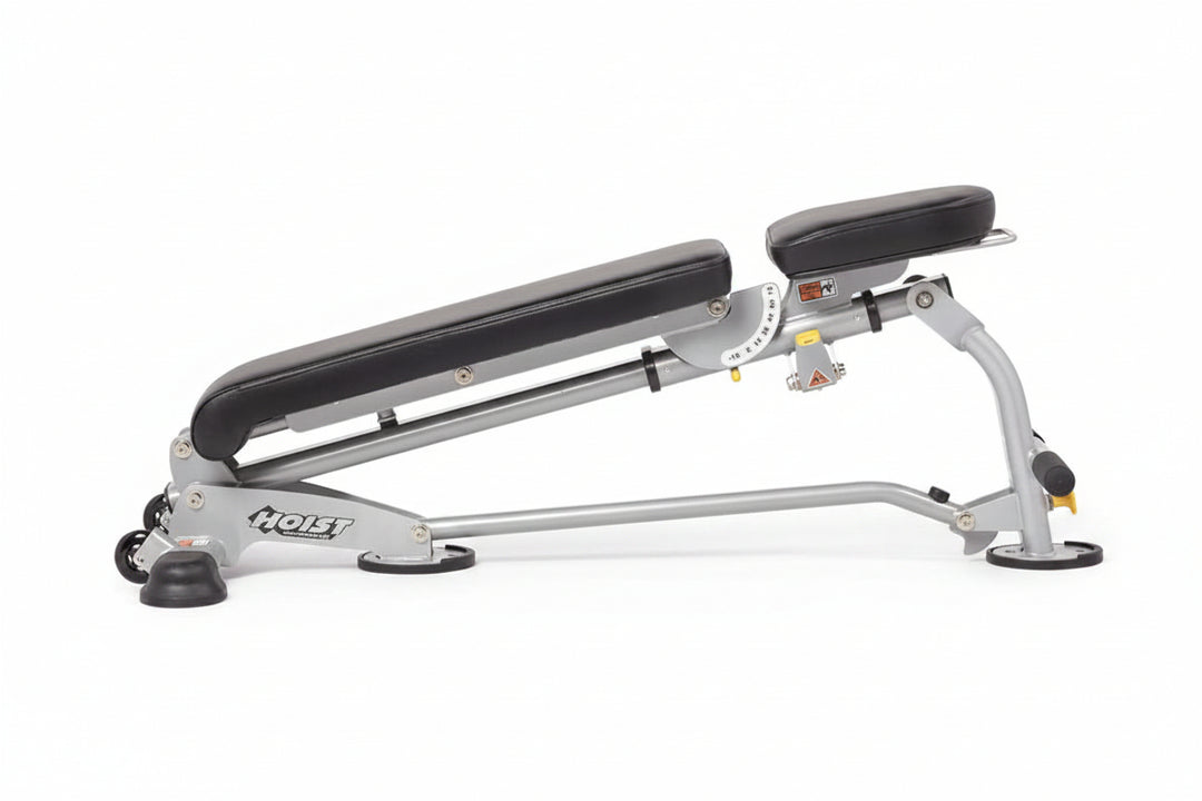 7 position folding FID bench low incline angle for controlled chest and shoulder strength training