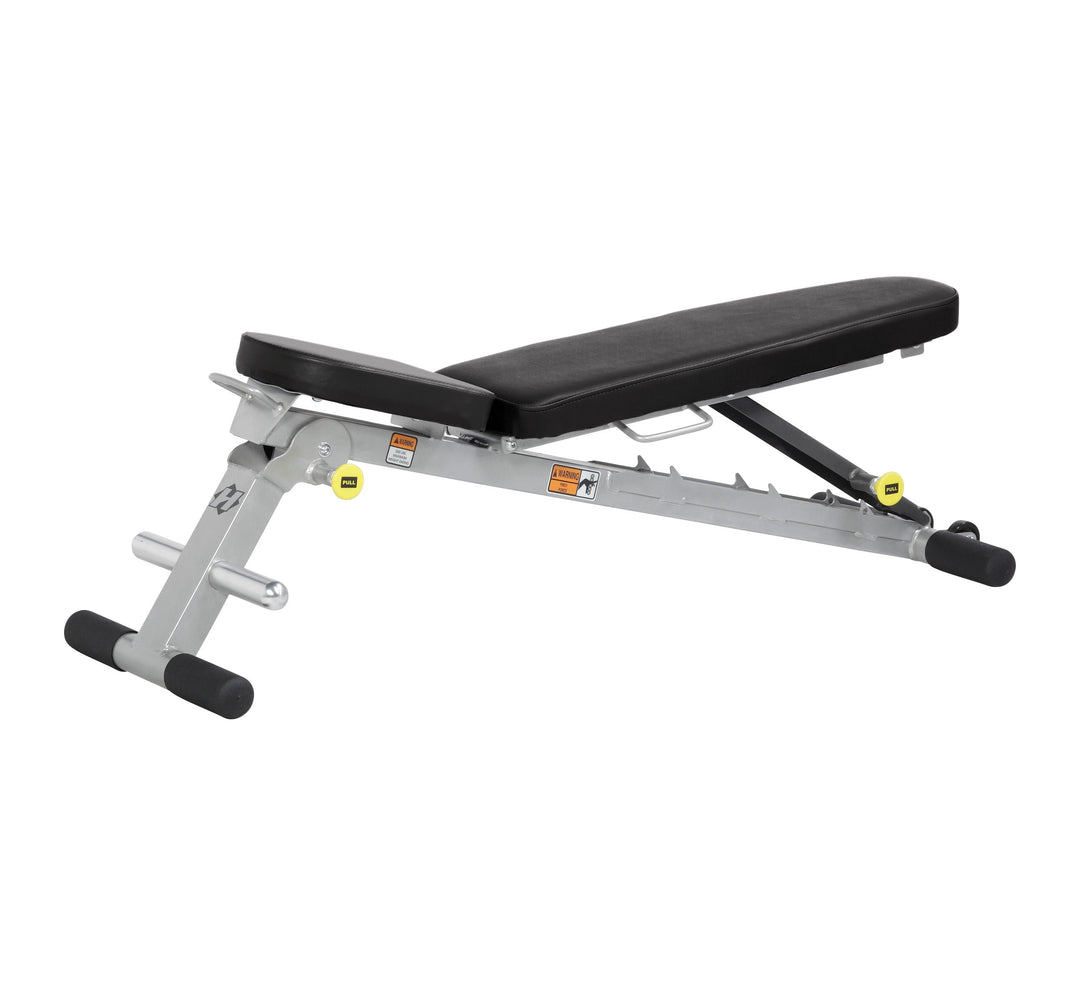 Folding multi bench low incline position for controlled strength training and dumbbell exercise routines