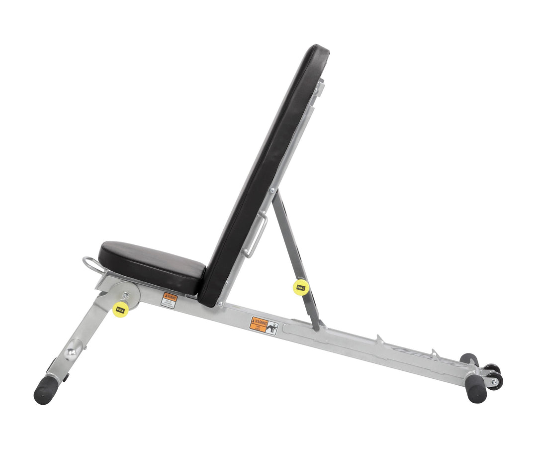 Folding multi bench upright storage position for compact space saving in home or commercial gym setup