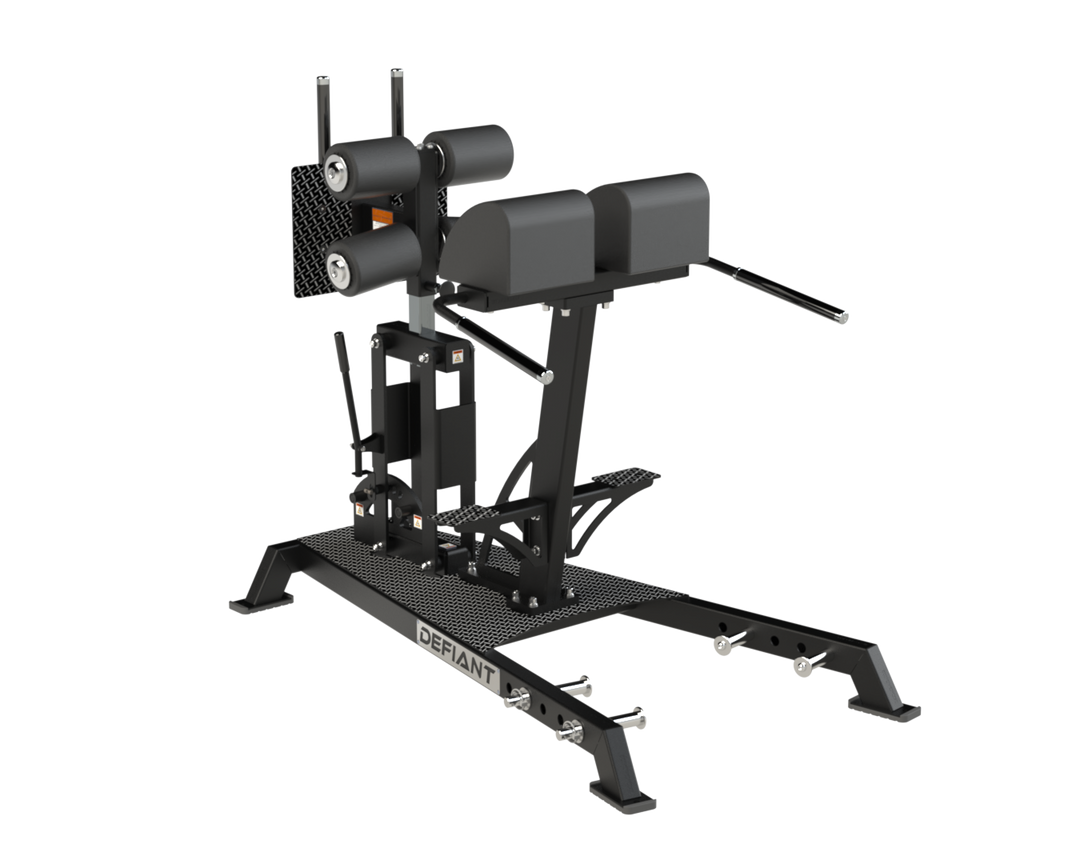 Front angled view of the Defiant Strength glute ham developer.