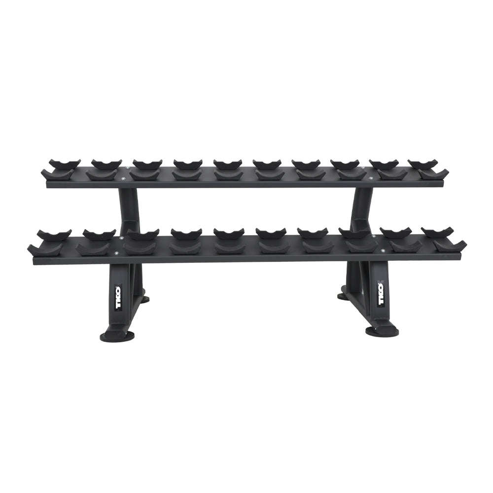 Front view of TKO commercial dumbbell rack with dual storage tiers